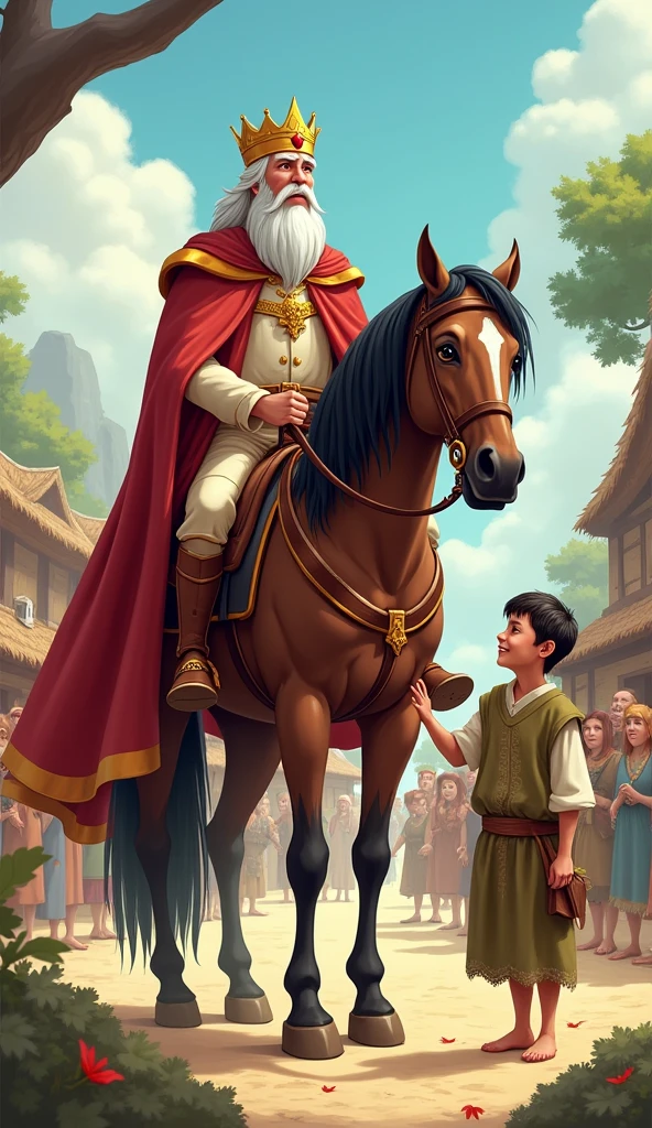 One day one king come on his horse to visit the village and he saw older poor boy wearing rags clothes he behave kind with his cartoon come every one to meet with king of village
