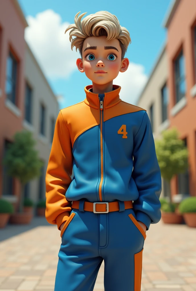 describe a man, aged , with blue orange wearpack, school background with fade hair, warna kulit sawo matang, 3d realistic