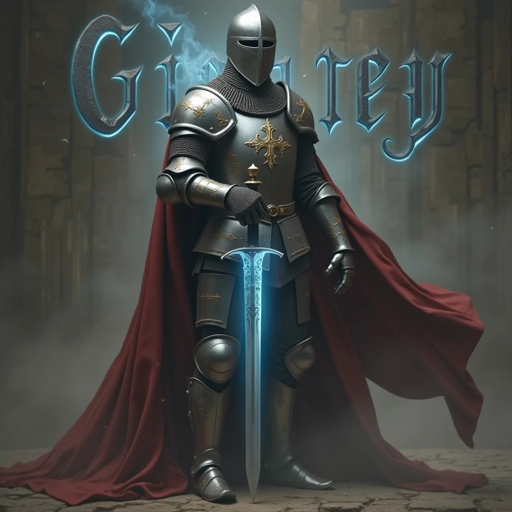 A realistic photograph of a male Templar horseman of English descent, wearing elaborate, shining silver armor and an intimidating helmet. He grips a sword with determination, as vibrant blue glows flicker around him, enhancing his fierce pose. The name "Grey" is displayed prominently in gothic letters behind him, illuminated by the blue glows.
