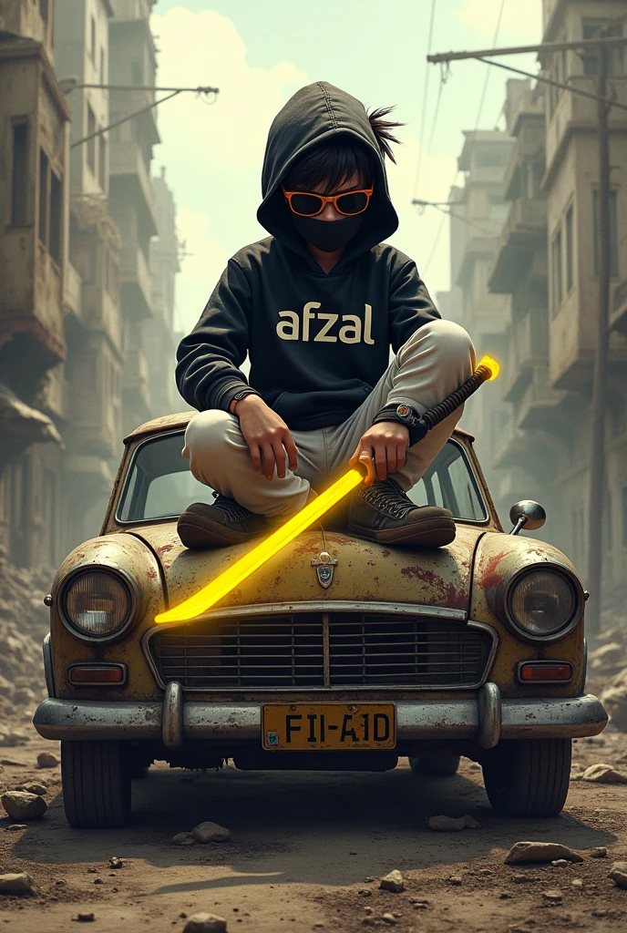 PROMPT- a desolate, post-apocalyptic cityscape, a 2 boy with a fierce attitude sits atop the hood of a battered car, his hand grasping a vibrant yellow fire katana. The car’s front hood is dented and rusted, but the boy’s confidence and determination shine brighter than the ruins around him. He wears a black hoodie with ‘AFZAL’ emblazoned on it, white pants, sunglasses, and a face mask, exuding a sense of mystery and coolness. The