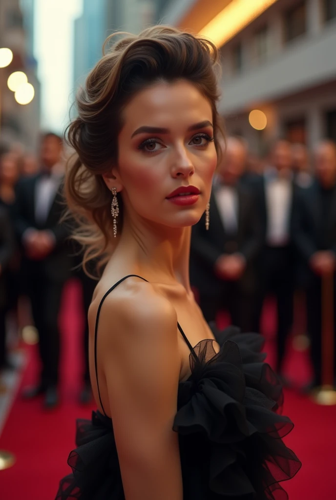 photo of beautiful (nadbreaty:0.99), a woman with beautiful hair, hair upsweep updo, as a movie star in a (movie premiere), premiere gala, (near a movie theatre), natural skin texture, (elegant black ruffled dress), 24mm, 4k textures, soft cinematic light, adobe lightroom, photolab, hdr, intricate, elegant, highly detailed, sharp focus, ((((cinematic look)))), soothing tones, insane details, intricate details, hyperdetailed, low contrast, soft cinematic light, exposure blend, hdr, faded, (paparazzi in background), (painted lips:1.1), ((looking straight at the camera:1.1))