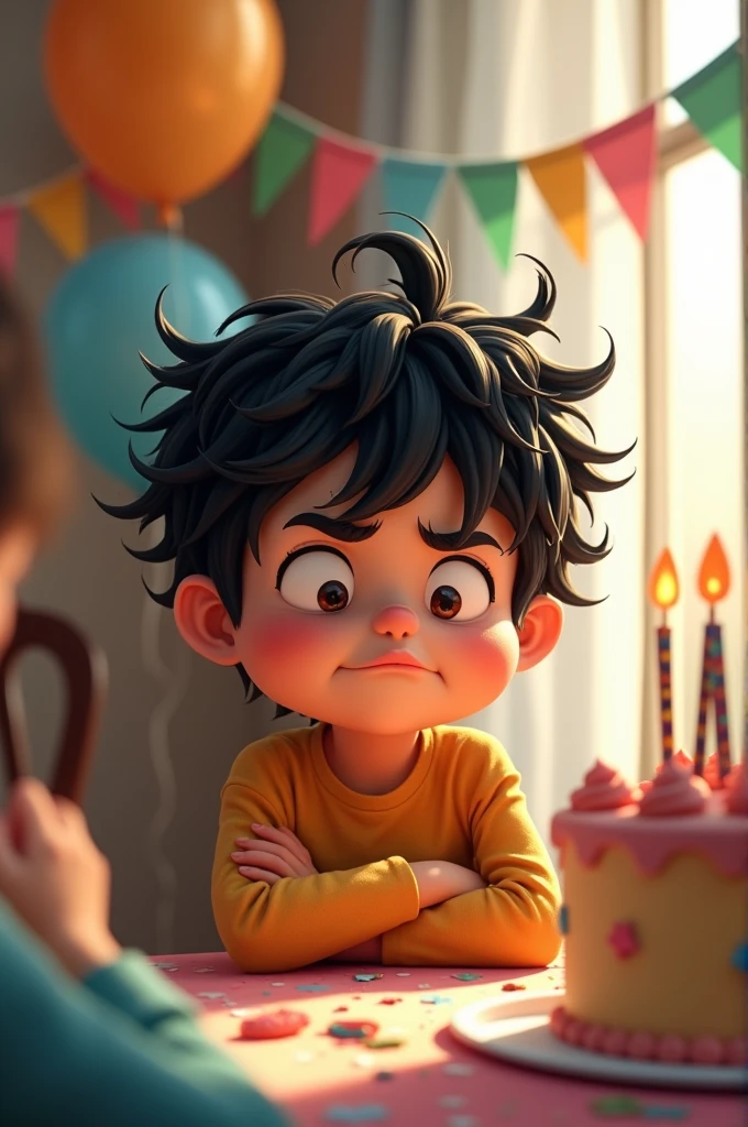 black messy hair boy,of irritated expression,sitting at a birthday table 