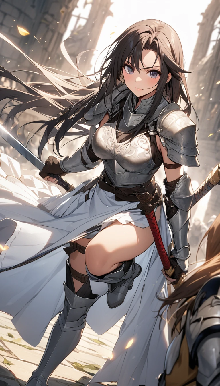 Ultra-high definition image quality、beautiful girl、Female Warrior、Female Swordsman、Light Armor、Silver Boots、Long Hair、knight&#39;hair ornaments、Black Hair、20-year-old、Be confident々face、Very short tight skirt、y posture、wilderness、Highest quality,Big Assg Brs、Grabbing the spear、Gorgeous embroidered lace panties、Joan of Ae clothing、Wind King Barrier、Her hair is blowing in the wind、The Sword of Promised Victory、god々Wearing a bright aura、Big Ass、Valkyrie the War Mai、Crotch close-up、Angle from directly below、Squat with your legs apart、（Confused eyes）、３White eyes、（Female Demon Lord）、Evil forces、cruel