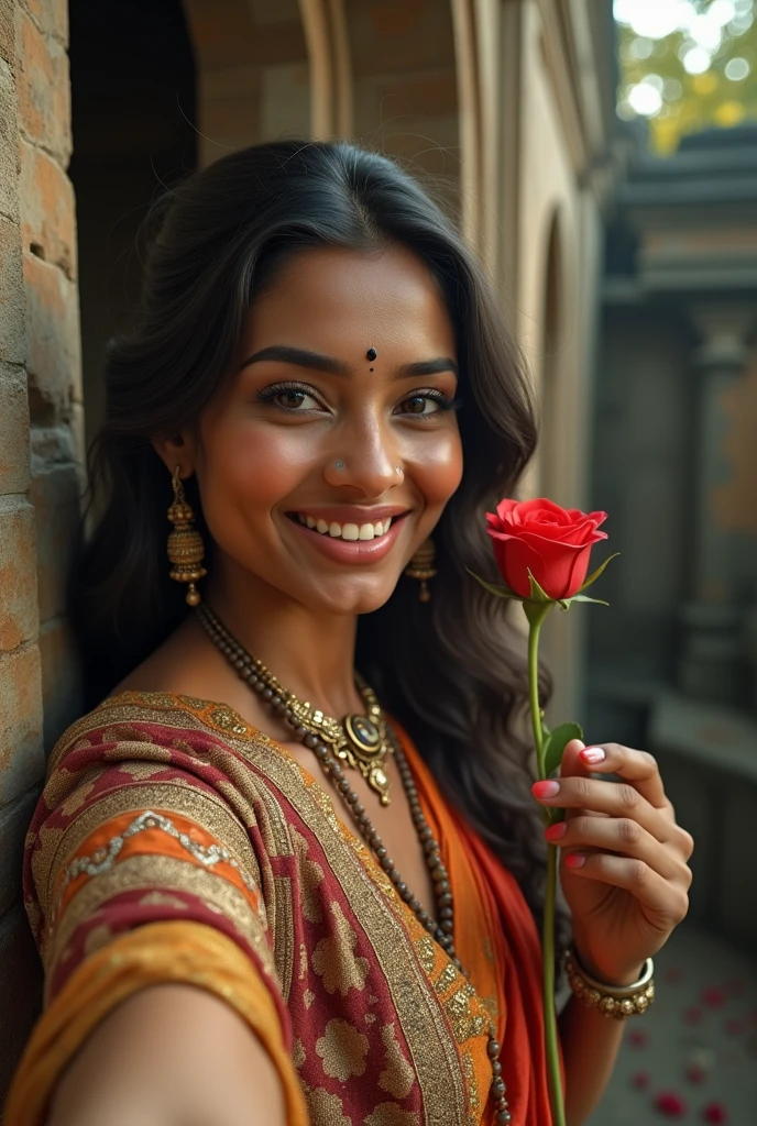 a dramatic selfie of a joyful, full-figured sri lankan woman,(beautiful detailed eyes,beautiful detailed lips,extremely detailed eyes and face,longeyelashes),ancient jewelry,traditional robes,leaning gracefully from a tall weathered stone tower,abandoned and dusty appearance,a muscular sri lankan prince,dressed in regal ancient robes,crawling the tower,holding a rose between his lips,reaching out toward her,(best quality,4k,8k,highres,masterpiece:1.2),ultra-detailed,(realistic,photorealistic,photo-realistic:1.37),HDR,UHD,studio lighting,ultra-fine painting,sharp focus,physically-based rendering,extreme detail description,professional,vivid colors,bokeh,portraits,fantasy,dramatic lighting