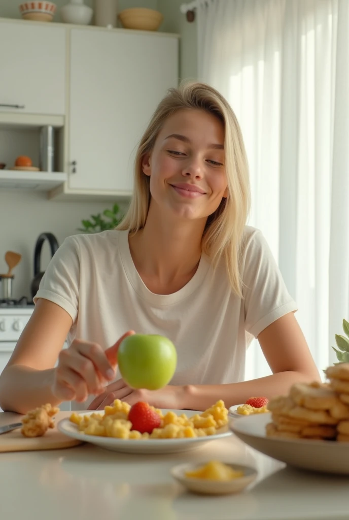 a young pretty North American gir, straight blond hair, sitting in the kitchen dining table. relaxing enjoy dining time. there is bright and clean kitchen.
The girl left hand holding green apple while right hand is pushing the junk food on the table away.  realistic image, HD 16:9