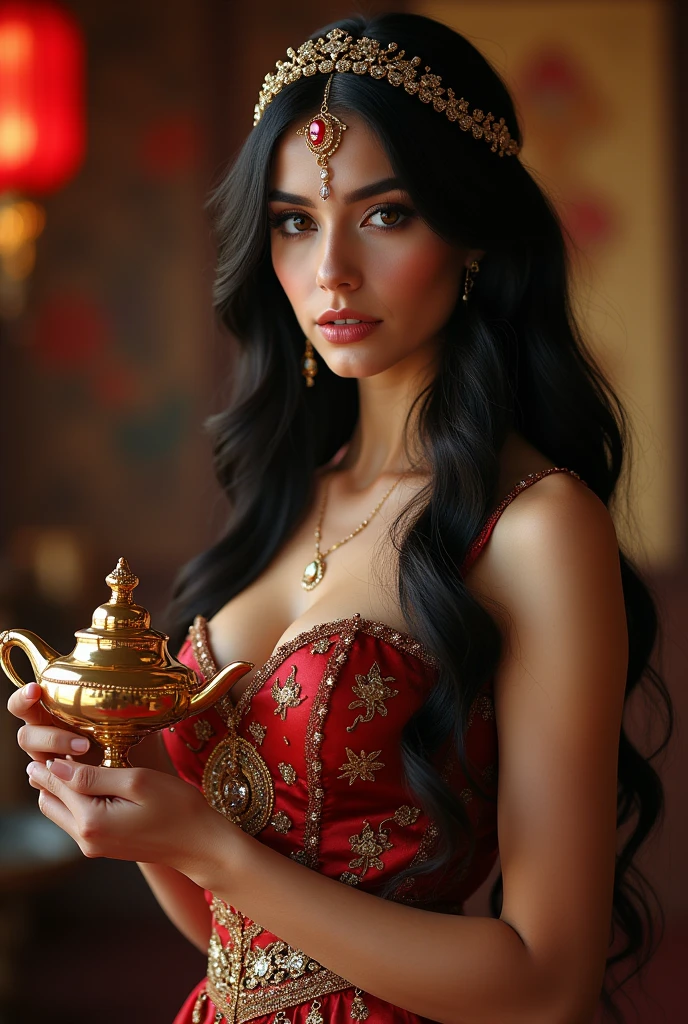 ultra realistic, photography, long black straight hair, elegant hair, (30 years old, hazel eyes, hourglass figure, perfect fit body, natural big breasts), femme fatale, Princess jasmine costume, oriental background, holding the magic lamp from aladdin, rubbing the magic lamp from aladdin