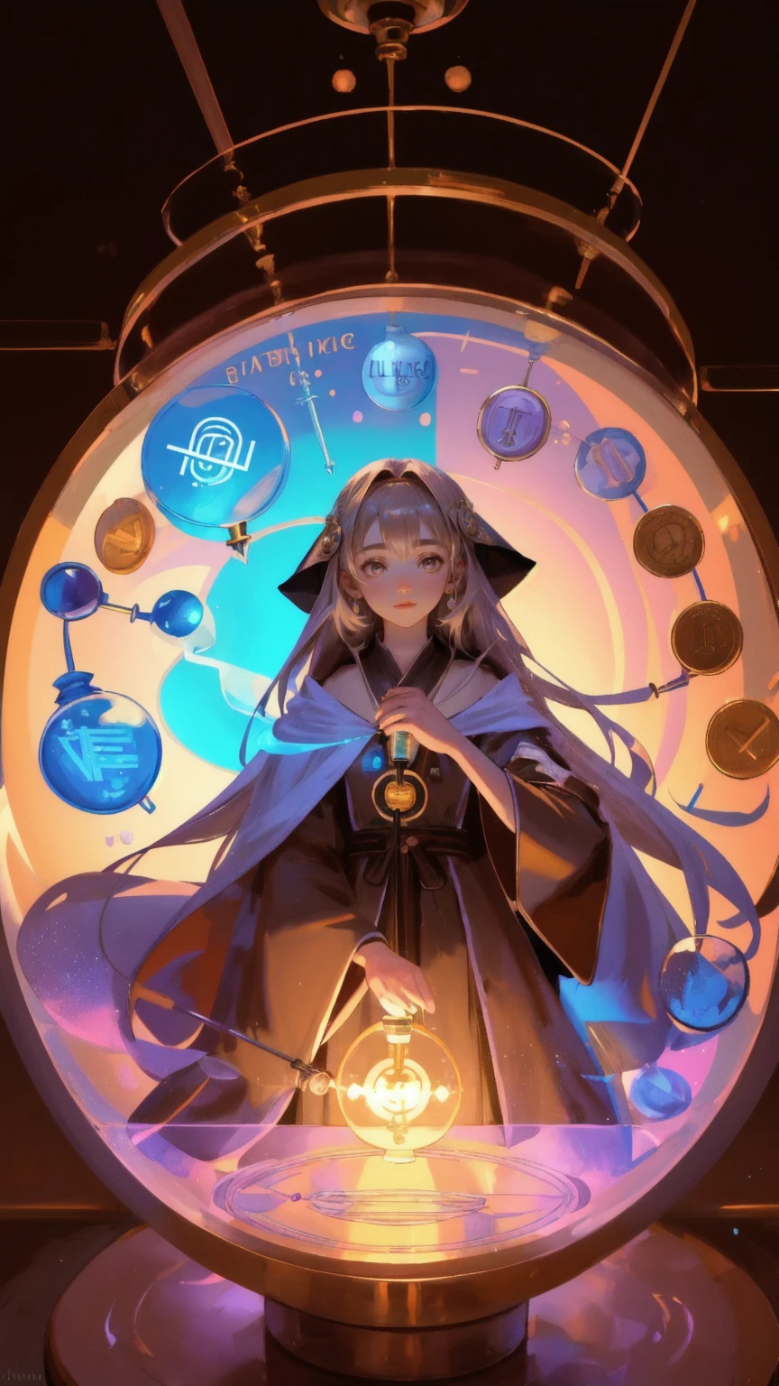 A young, beautiful alchemist girl in a flowing robe works in her mystical laboratory, surrounded by glowing Bitcoin coins and magical potions. She wields a wand, channeling energy into the coins as they float above the table filled with colorful beakers and vials. The entire scene is bathed in a warm brown background, enhancing the enchanting atmosphere of 'Altcoin Alchemy