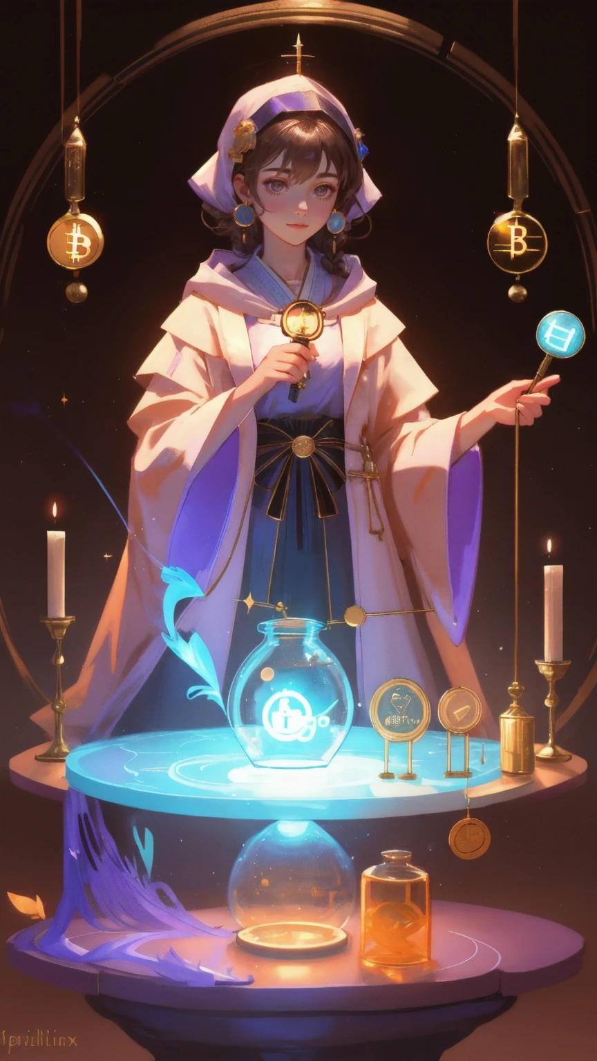 A young, beautiful alchemist girl in a flowing robe works in her mystical laboratory, surrounded by glowing Bitcoin coins and magical potions. She wields a wand, channeling energy into the coins as they float above the table filled with colorful beakers and vials. The entire scene is bathed in a warm brown background, enhancing the enchanting atmosphere of 'Altcoin Alchemy