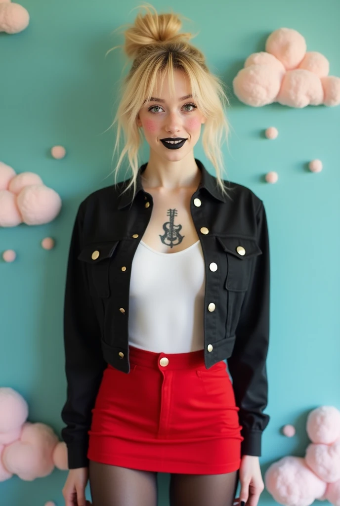 an effeminate young man, femboy, hair blonde, messy bun, hair covering eyes, paint lips black, seducing smile, black mini jacket, white fitted top, red skirt, Short black pantyhose, thin and feminine body, large legs, and very white skin, clouds, LGBTQ+, pastel colors and wood tone guitar tattoo... with the face with a lot! sperm on clothes! With penis half exposed