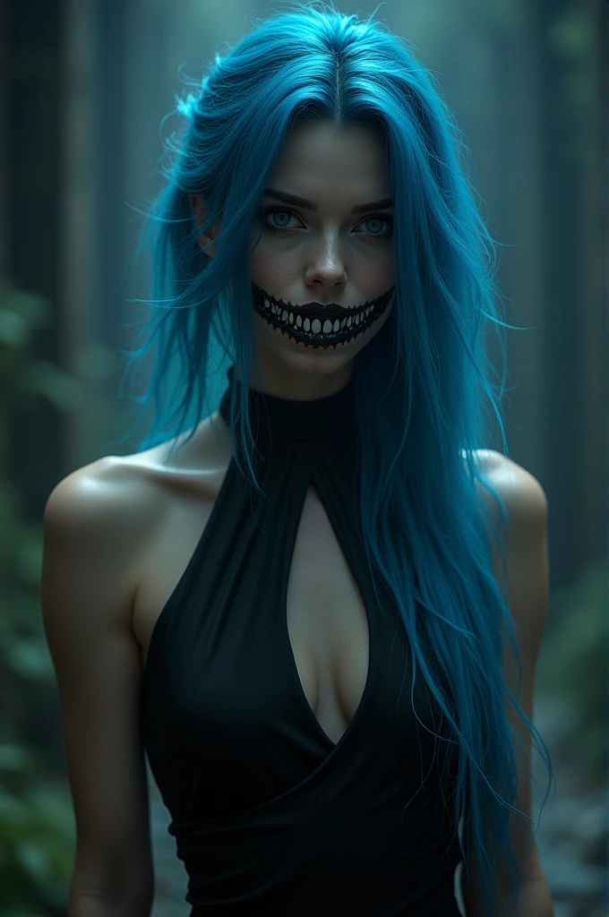 Blue haired shark tooth woman in a black dress
