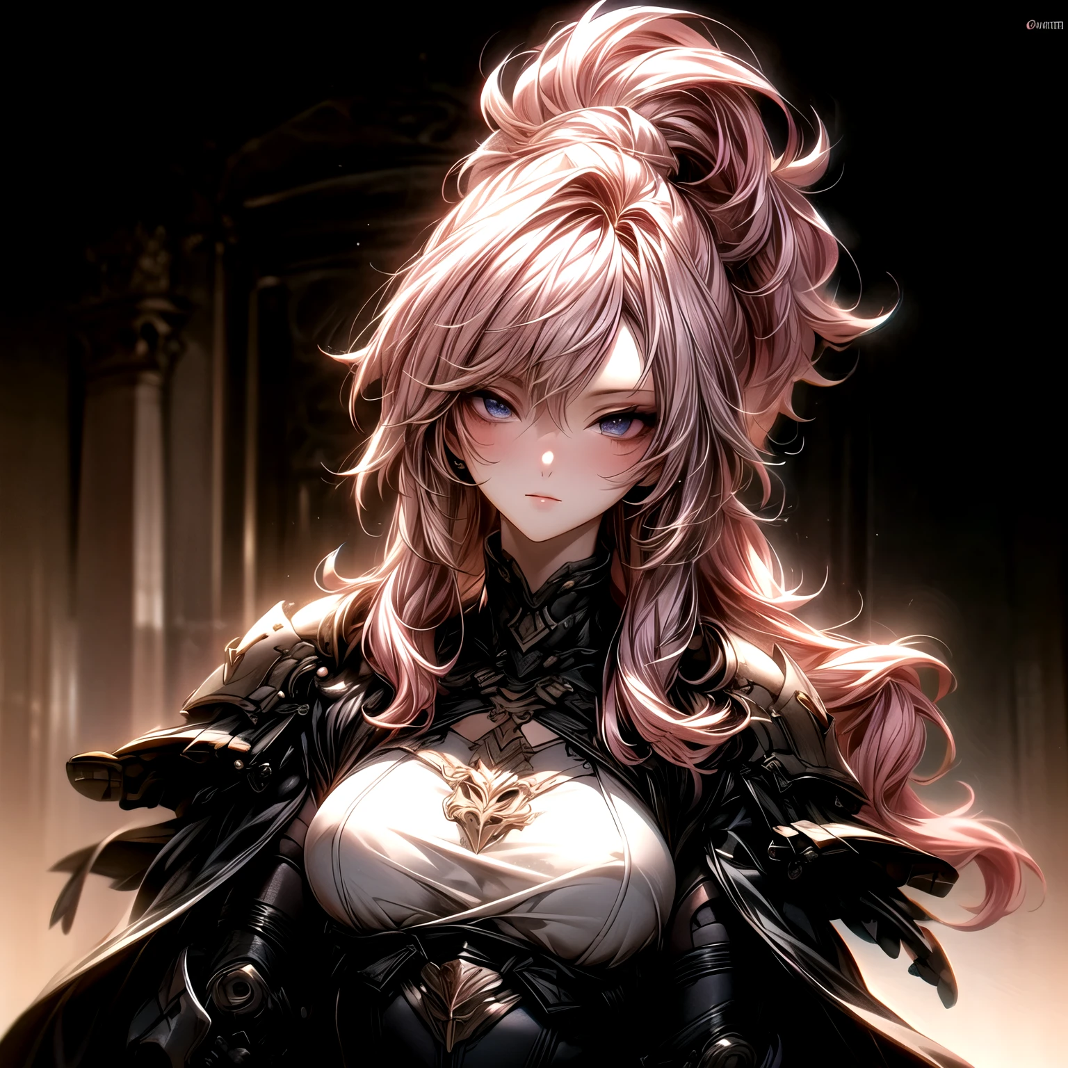 (best quality)), ((Masterpiece)), (details:1.4), 3d, HDR (high dynamic range), an image of a beautiful cyberpunk female, fantasy, Medieval, Pink hair, long hair, Golden eyes, จมูกโด่ง, ปากแดง, หน้าอกใหญ่, nvidia RTX, PBR surface, After processing, Anisotropic filtration,depth of field, Maximum clarity and clarity, multi-layered surface, Subsurface scattering, perfect proportions, 8K raw files, ultra detailed, Perfect proportions, volumetric lighting, soft lighting, Holy Paladin, Heavy Black Armor, glossy skin, intricate silver embroidery, gorgeous, chapel background, jewely, ต่างหู, นิ้วมือสมบูรณ์,
