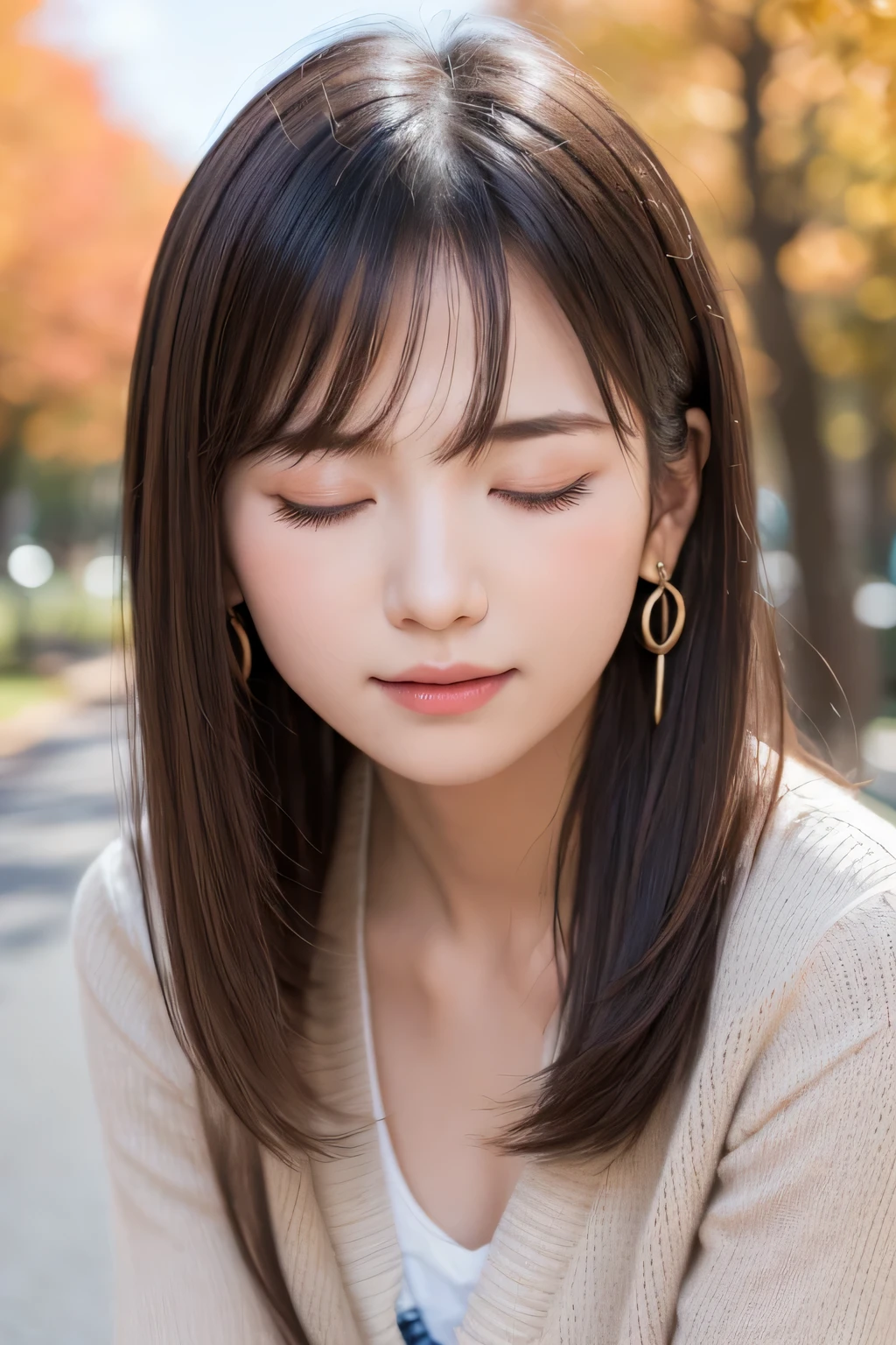 one girl, (a beauty girl, Delicate girl:1.3), (:1.3),
break, (Autumn tree-lined street:1.2), (cardigan:1.2),
break, Very fine resolution, (symmetrical eyes:1.3),
break, small breasts, brown eyes, split bangs, brown hair,  girl,
break, (Eye and facial details:1.0), (Get closer to the face, Zoom in on the face, face focus:1.0),
break, (masterpiece, best quality, very detailed, detailed face, 8k)、from above、earring、hair blowing in the wind、blush、embarrassed expression、me&#39;Am embarrassed、((close your eyes:1.4))、high angle、Open your mouth、surreal photo