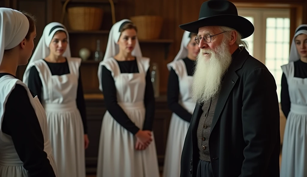 An elderly man dressed in traditional Amish attire, standing in front of several young (beautiful) women ((in white maid-style underwear and headdress))
The man has a long white beard and is wearing a dark hat and coat,
The setting is indoors, a room in a historical or traditional style, suggested by the wicker baskets and wooden furniture in the background. The overall impression is of a reenactment or depiction of a ritual involving strict dress codes and gender roles.