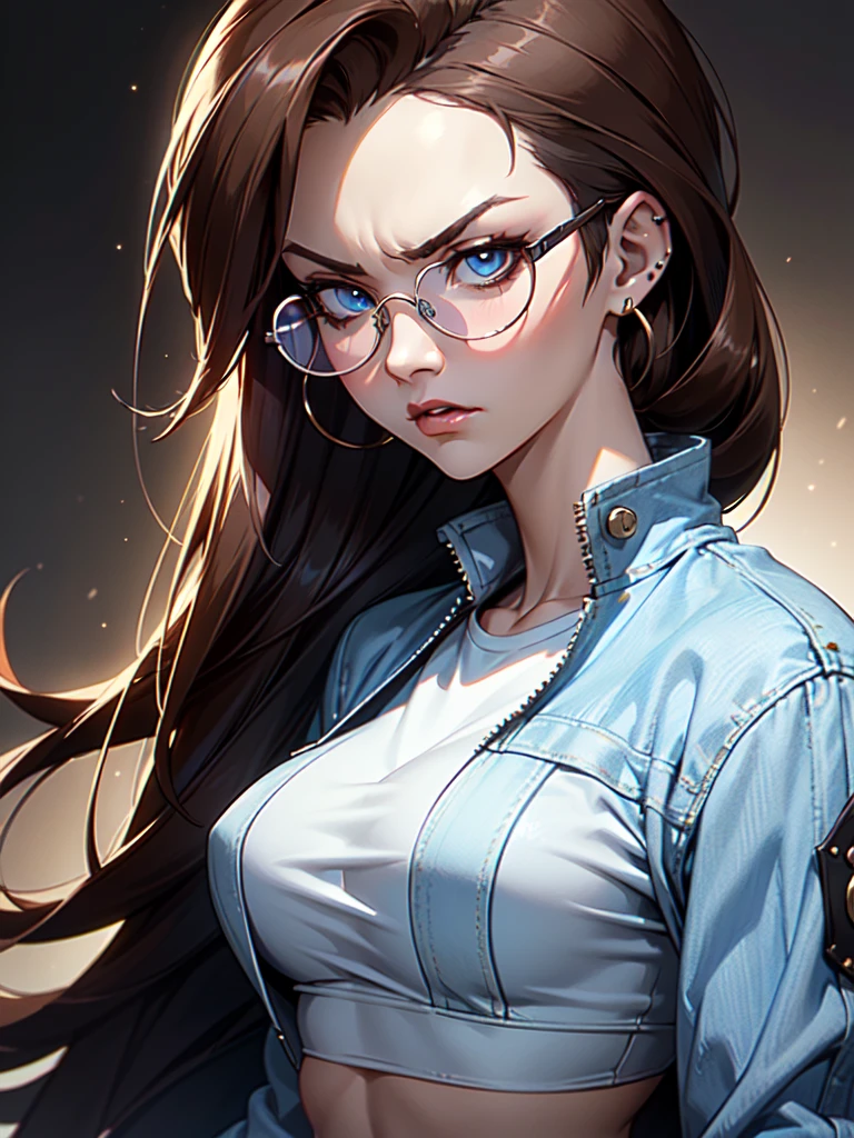 (((Portrait Photo))), She has the Appearance of a Regal and Elegant Teenager, with a Strong, Muscular Build that Commands Respect. She has Long, Straight Brown Hair Tied in a High, Oversized Ponytail, Keeping it Neat and Out of Her Face. Her Light Blue Eyes are Filled with Stormy Determination and a Hint of Fury, Giving Her a Fierce and Powerful Demeanor. Her Expression is Stern and Resolute, with a Tense Jaw and Piercing Gaze, Conveying a Sense of Heavenly Pride. (((Portrait Photo))),(((Dark Background))), (((Clear Glasses))), (((White Crop Top))), (((Open Denim Jacket))), (((Strong and Regal Posture)))