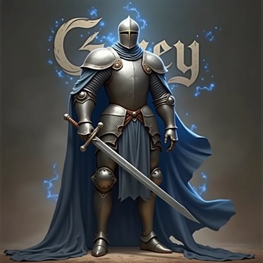 A realistic photograph of a male Templar horseman of English descent, wearing elaborate, shining silver armor and an intimidating helmet. He grips a sword with determination, as vibrant blue glows flicker around him, enhancing his fierce pose. The name "Grey" is displayed prominently in gothic letters behind him, illuminated by the blue glows.