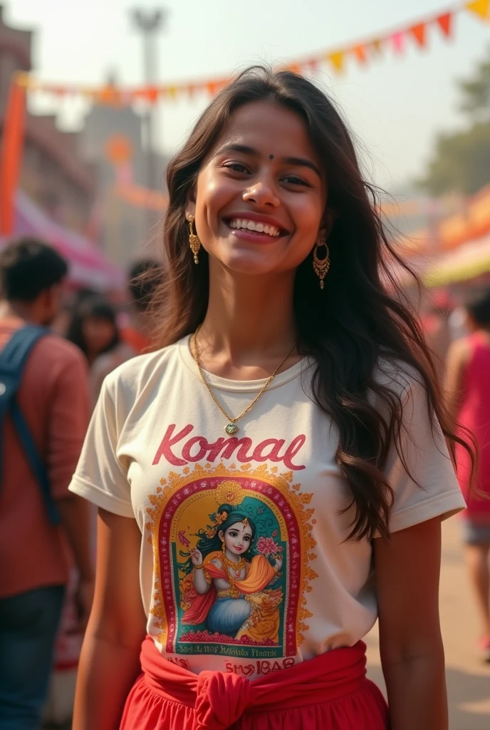 A 20 year old girl bring tshirt name komal and smile logo celebration krishna janmashtami vrindavan and god 