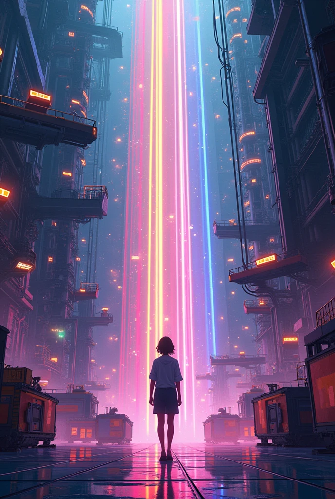 ((masterpiece, best quality)),illustration,Super Fine 8k,Reality,Clear focus,Very detailed,Professional lighting,Colorful Detailed,Extremely long shot of the rainbow-colored BREAK factory,Large machinery construction,Microchip,,Luminescence,Intricate details,Shitu-mecha,1 girl standing in front of the audience,Umbilical cord