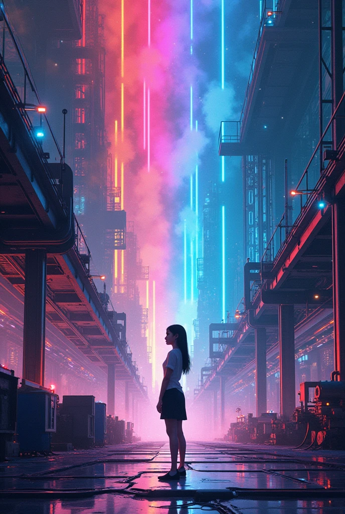 ((masterpiece, best quality)),illustration,Super Fine 8k,Reality,Clear focus,Very detailed,Professional lighting,Colorful Detailed,Extremely long shot of the rainbow-colored BREAK factory,Large machinery construction,Microchip,,Luminescence,Intricate details,Shitu-mecha,1 girl standing in front of the audience,Umbilical cord