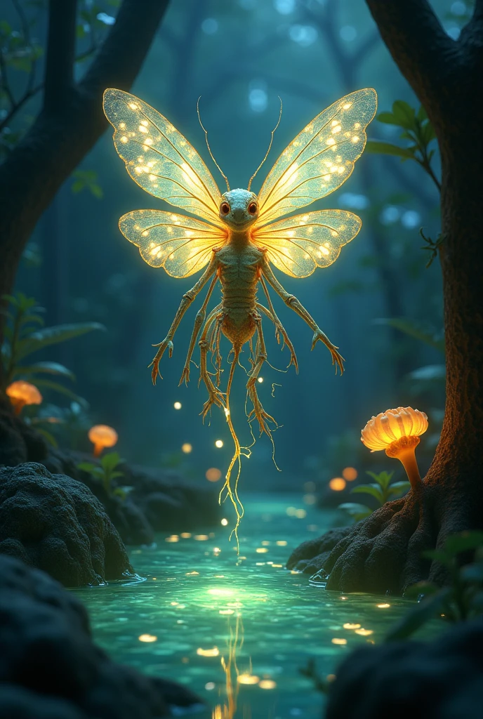 A chimeric creature, half insect, half flower, emerges from a bioluminescent pond in an enchanted forest. Its translucent wings, veined with gold, glow with the light of fireflies. Its body, covered in iridescent petals, curves in a graceful dance. Luminous roots intertwine with its limbs, connecting it to the earth. The background is a dark and mysterious forest, with ancient trees and bioluminescent fungi