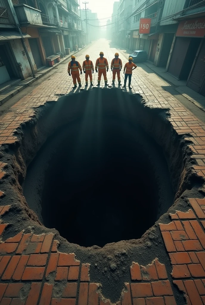 prompt (idea 1st) cinematic dramatic view of a big black sinkhole in the city street brickwalk road, while 5 malaysia firefighter wearing orange black suit with hero ready poses, their standing the holes, crack, dusty, in malaysia, dramatic extreme low angle shots from below, wide view, HDR, color grading, high contrast,