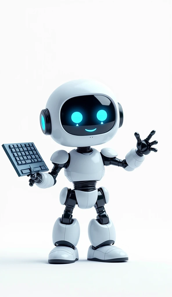 white and blue smiling friendly nerdy robot 3d character, one hand holding a keyboard, the other hand showing a welcome gesture, standing in front of a white background