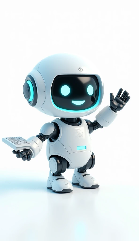 white and blue smiling friendly nerdy robot 3d character, one hand holding a keyboard, the other hand showing a welcome gesture, standing in front of a white background