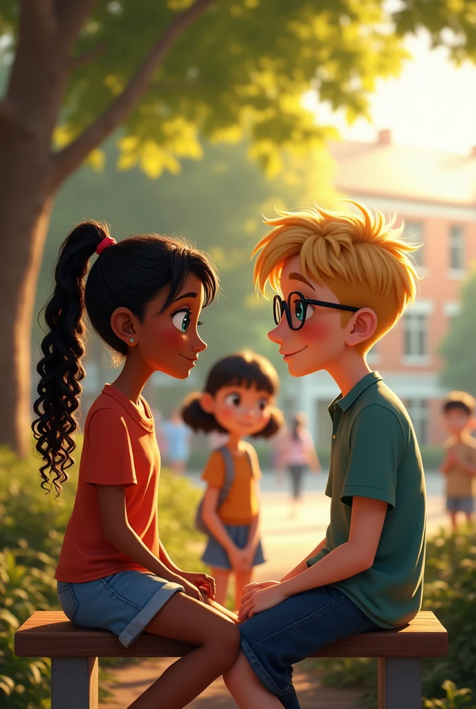 In this Pixar 2D version photo, a girl with light brown skin, blue eyes, and long, curly hair tied in a ponytail, with two strands framing her face, is wearing glasses and conversing with a boy who has blonde hair and turquoise eyes. They are seated on a bench in the midst of a busy university crowd. Behind them, a girl with black hair and bangs stands, watching the pair with a look of sadness. The background is sharp and detailed, capturing the vibrant and bustling atmosphere of the university campus, adding depth and context to the scene. The Pixar style brings a warm and emotive quality to this moment of interaction and melancholy.