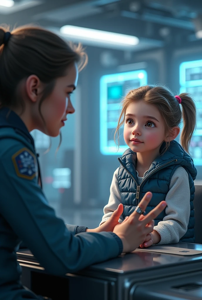 The pilot and the girl talk to the assistant