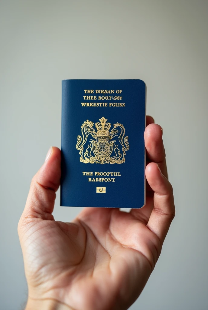 Light brown man's hand holding new blue British passport