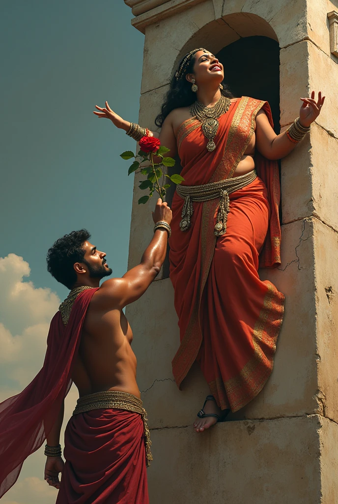 A dramatic selfie of a joyful, full-figured Sri Lankan woman adorned in ancient jewelry and traditional robes. She leans gracefully from a tall, weathered stone tower, which has an abandoned and dusty appearance. Below her, a muscular Sri Lankan prince, dressed in regal ancient robes, is crawling the tower, holding a rose between his lips as he reaches out toward her.