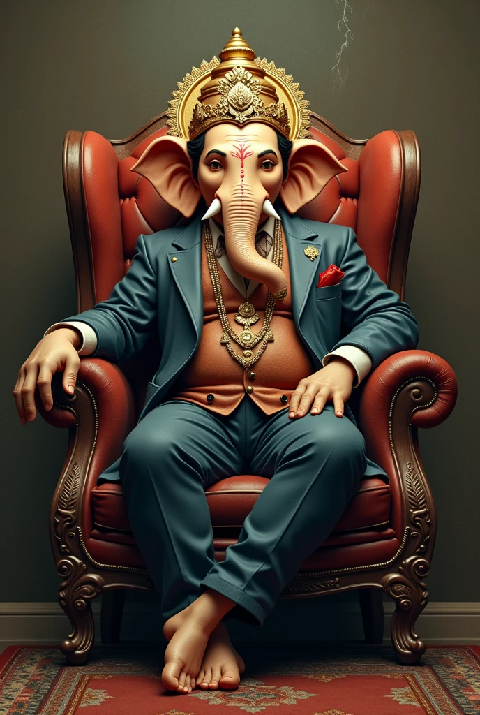 Lord ganesha setting on the chair and wear coat pant and smoking