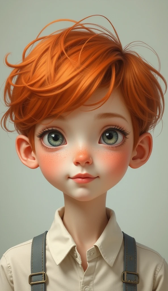 Pale boy of about , Red hair, mushroom cut and light eyes. Smile