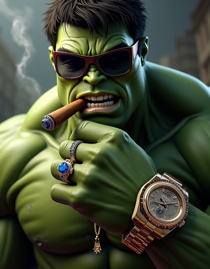 Makes the Hulk look very rich, wearing a sapphire ring on both fingers, a Rolex watch, sunglasses and a cigar smoking mouth.