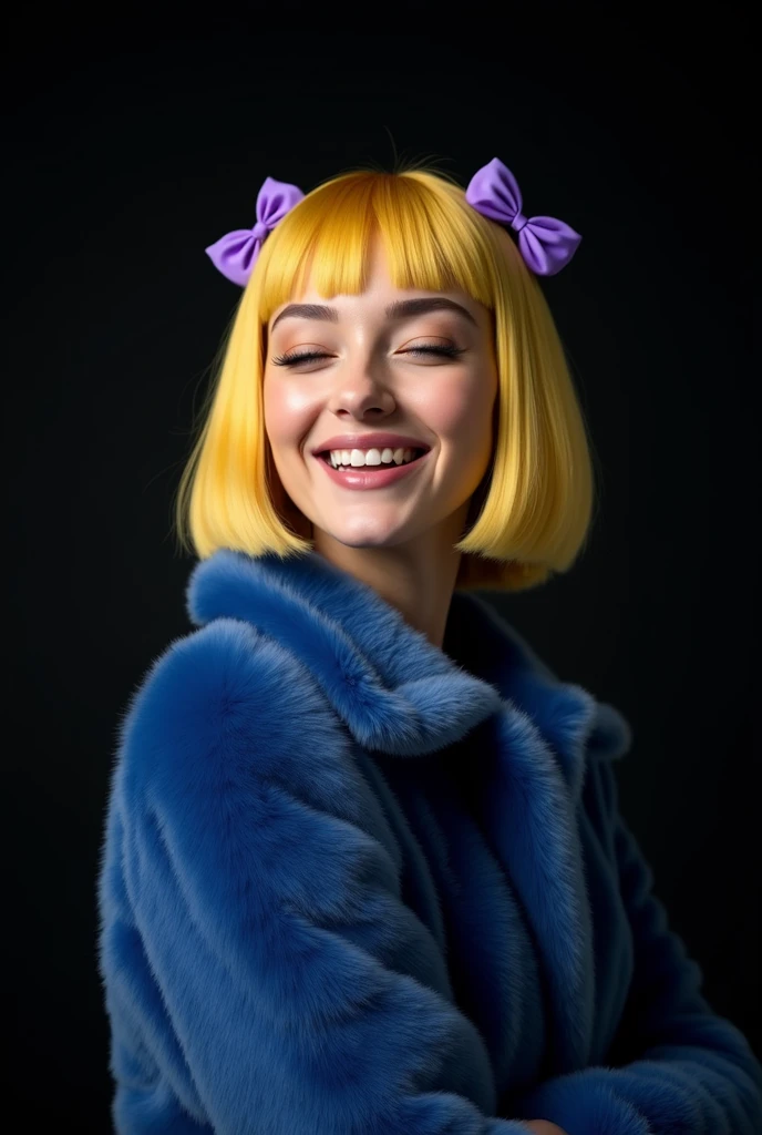 naughty sexy fashion girl, professional, portrait photography, the face looks straight ahead, studio light from above and backlight from behind the head, cute girl (Sharp Focus:1.3), there is a very nice smile on the face, very detailed, beautiful detailed face, yellow hair bob hairstyle, there are two small purple bows on her head, eyes closed, as if enjoying the sound, --Detailing, whole body, a lot of femininity, blue fur coat, Tempting, Dazzling, Black background,
