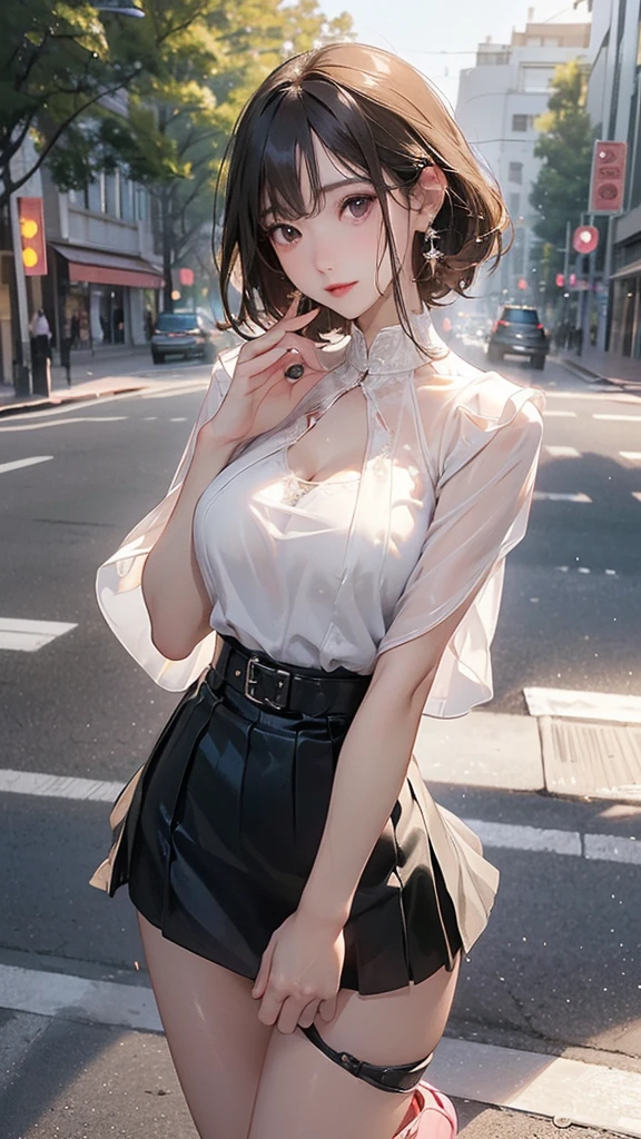 Photos of beautiful women, Playing with vibrators in the middle of the street, [transparent](student，Miniskirt:1.47), Natural breasts, The breasts are so big that they stretch the clothes, (Willow Waist, Perfect body curves), earrings, Clear focus, (tall and big, Adult women), ((Looking into the distance)), (High Detail Skin, Skin pores:1.4)