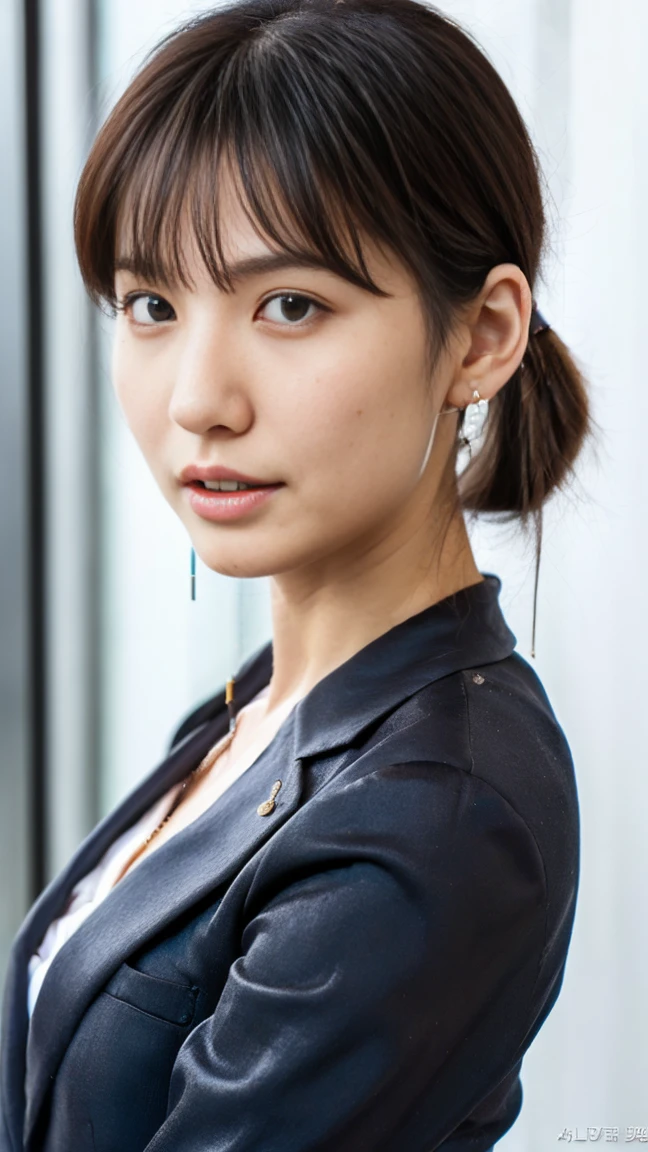 (top-quality, 16K, masterpiece:1.3), (ultra detailed), (masterpiece), (best quality), Highest quality, Realistic, Surreal, Highest quality, Extremely detailed CG, Very delicate, 16K wallpaper, High resolution, BREAK ((Silky hair)), ((medium Hair:1.5)), ((Low ponytail:1.5)), (hime style:1.2), (hime cut:1.2), ((asymmetrical bangs)), (a woman in a management position at a prestigious company), ((solo)), ((8 heads tall)), ((38歳)), BREAK ((upper body:1.4)), ((look into the viewer's eyes:1.5)), ((looking at viewer:1.4)), ((Front view:1.5)), ((from front:1.5)), BREAK ((mole, beauty mark:1.5)), short arms, ((small eyes)), fleeting atmosphere, ((thin eyebrows:1.4)), ((thin lips:1.5)), (embarrassed, blush), ((orgasm:1.4)), ((ecstasy:1.5)), (slut:1.2), (fucked silly:1.2), BREAK (very beautiful woman), ((UNTITLED business suit:1.5)), ((Very simple necklace)), ((earrings)), ((With a large window Japanese office)), ((Working at desk:1.4)), Japanese, slender body, very detailed, detailed fingers, detailed hands, detailed eyes, detailed legs, accurate and perfect human anatomy, real human skin,