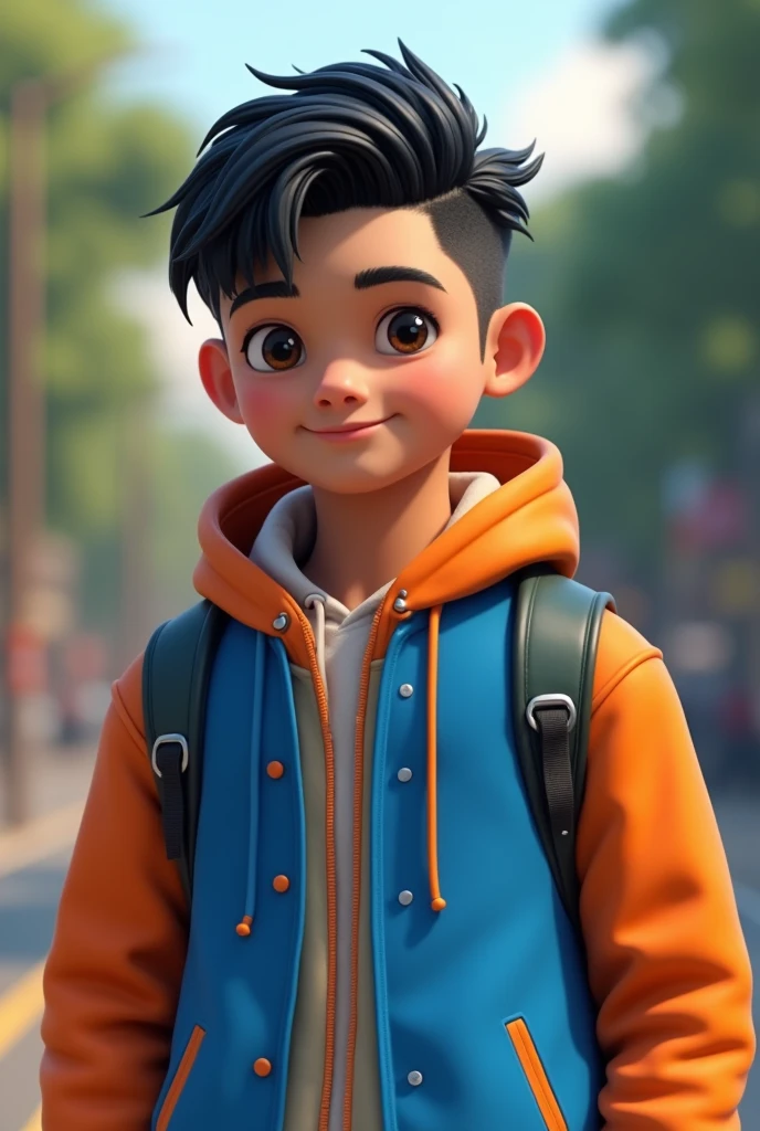 describe a man, aged 17 years, with blue orange wearpack, school background with black french crop hair, warna kulit sawo matang, 3d realistic