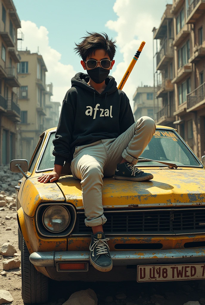 PROMPT- a desolate, post-apocalyptic cityscape, a 2 boy with a fierce attitude sits atop the hood of a battered car, his hand grasping a vibrant yellow fire katana. The car’s front hood is dented and rusted, but the boy’s confidence and determination shine brighter than the ruins around him. He wears a black hoodie with ‘AFZAL’ emblazoned on it, white pants, sunglasses, and a face mask, exuding a sense of mystery and coolness. The