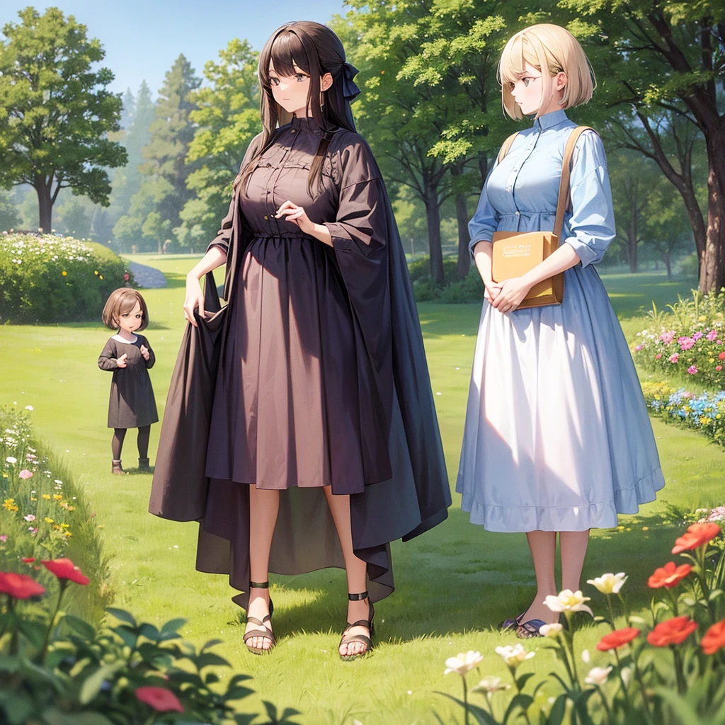 A woman stands in the center, the woman is carrying a 6-month-old baby., On the left side a girl next to the woman and on the right side a . In a background of clear meadows.