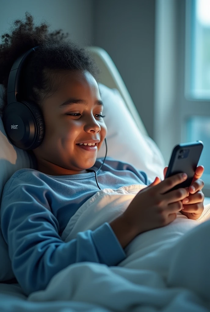 An" cerebral palsy "person lying in a bed with neurological issues wearing a headphone speaking ,a mobile app in their table capturing her text and another person receiving this speech through text or audio from his mobile