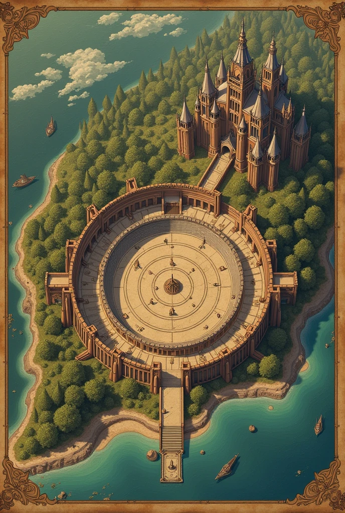 An old map of a large, walled city with a coliseum at its center and a large school of magic to the north bordering a forest.