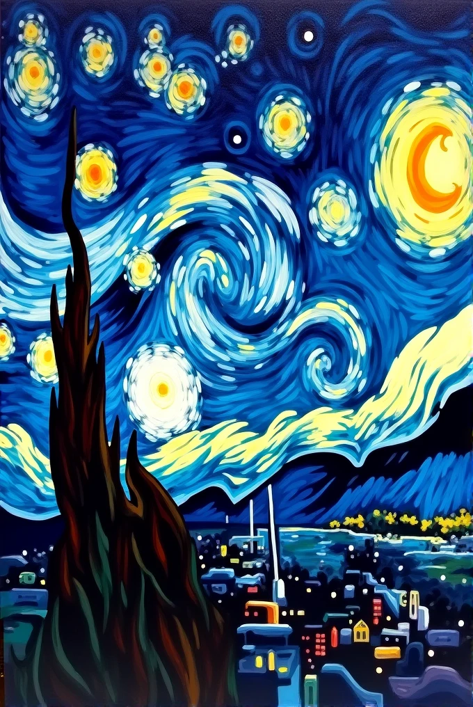 Colorful Vincent Van Gogh Starry Night Sky :: Movie-quality 16k resolution masterpiece illustration oil painting, watercolor and ink :: Spiral galaxy in the sky :: Alien invasion fleet :: Frisco watercolor and oil painting sky raining shooting stars twinkling stars glittering stars sparkling stars big full moon stars :: Ivan Aivazovsky Kentaro Miura Gustav Doré Greg Rutkowski Romantic naturalism Starry night landscape :: Complex patterns，Perfect composition，masterpiece，Crazy details，Extremely detailed，Ultra detailed，Beautiful volume，deep，Rich colors，Volumetric Lighting，shadow，Ray Tracing，smooth，Perfect texture :: James Webb Space Telescope