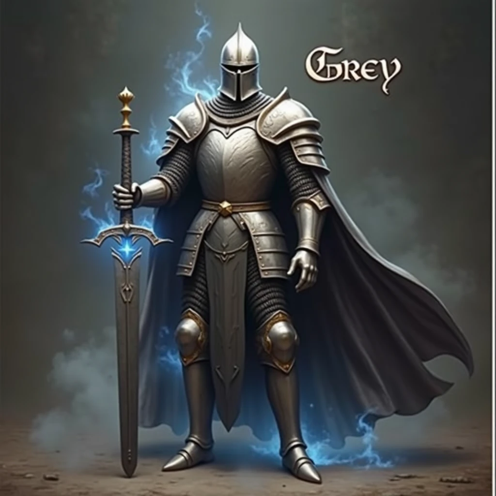 A realistic photograph of a male Templar horseman of English descent, wearing elaborate, shining silver armor and an intimidating helmet. He grips a sword with determination, as vibrant blue glows flicker around him, enhancing his fierce pose. The name "Grey" is displayed prominently in gothic letters behind him, illuminated by the blue glows.