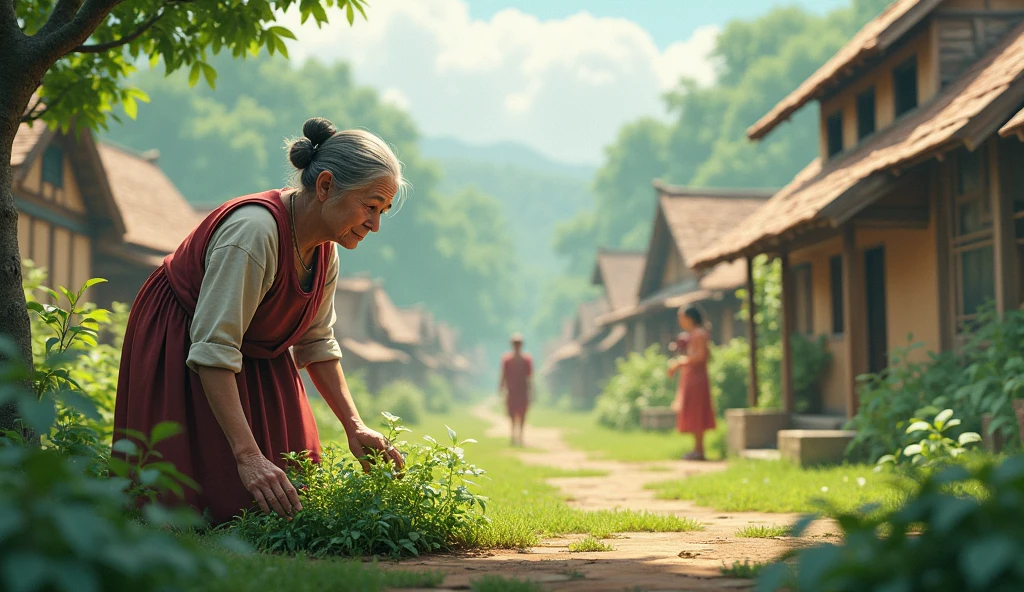 A quaint, serene village with simple homes, lush greenery, and a few villagers going about their daily tasks. In the foreground, an elderly woman, Manee, is seen working in her small garden.