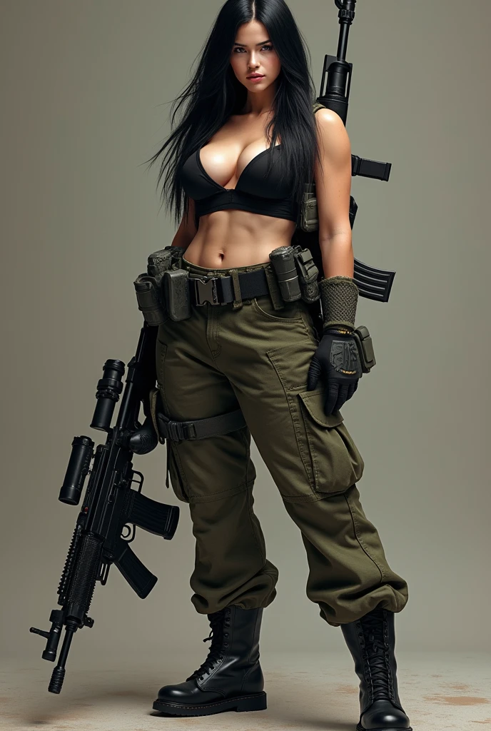 Long,straight Black hair that reached to her calves,very pale skin loke porcelain,honey coloured eyes,plump lips, big breasts 38J wearing a cargo pants,black boots and a croprop with underboob,a belt with rifles,combat knives and other combat equipment,