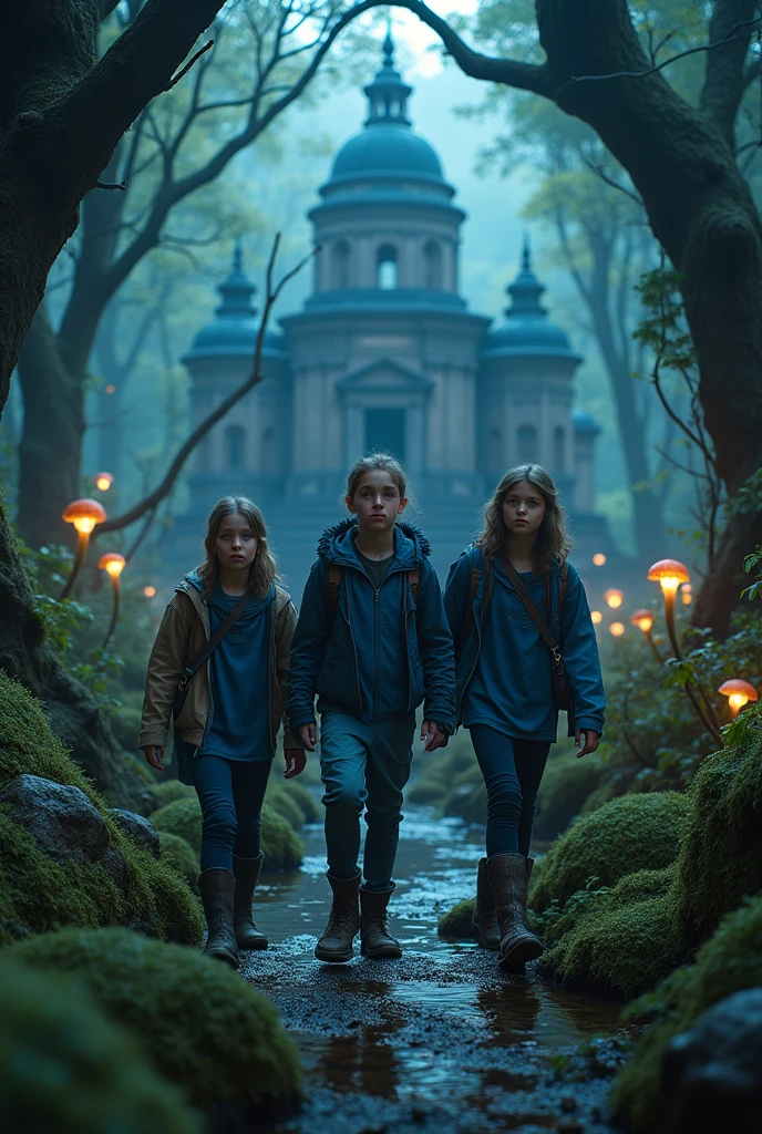 A cinematic medium shot of three teenagers - two girls and a boy - dressed in blue tabards, exploring a swamp at night near an ancient temple. The background is filled with intricate details, including moss-covered stones, twisted trees, and eerie mushrooms. The lighting is cinematic, with rim light backlighting and beautiful faces with piercing eyes.