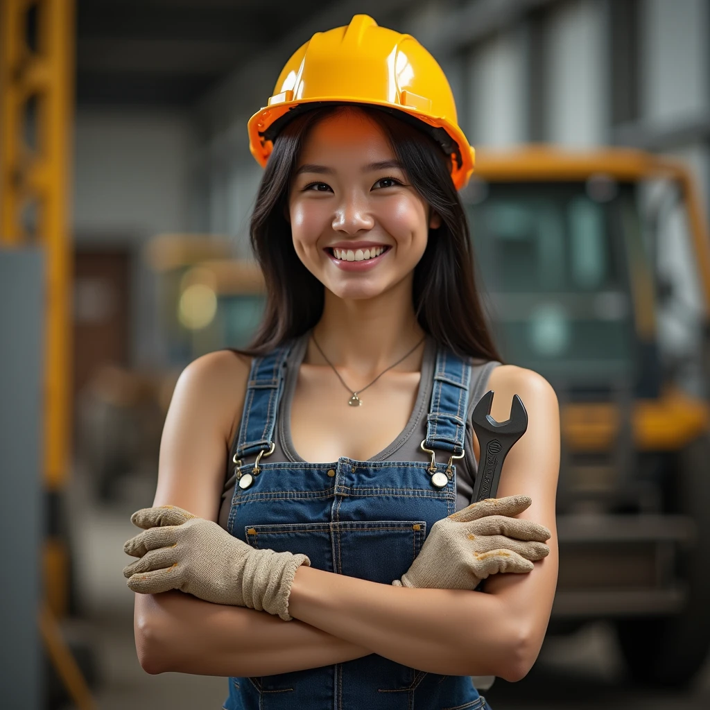 Create an image of an 18-year-old Asian female worker, standing and holding a computer while wearing a safety helmet. Her face is dirty, but she is smiling with a cute and charming expression. The image should be full-body, with a slightly revealing outfit, showcasing her youthfulness