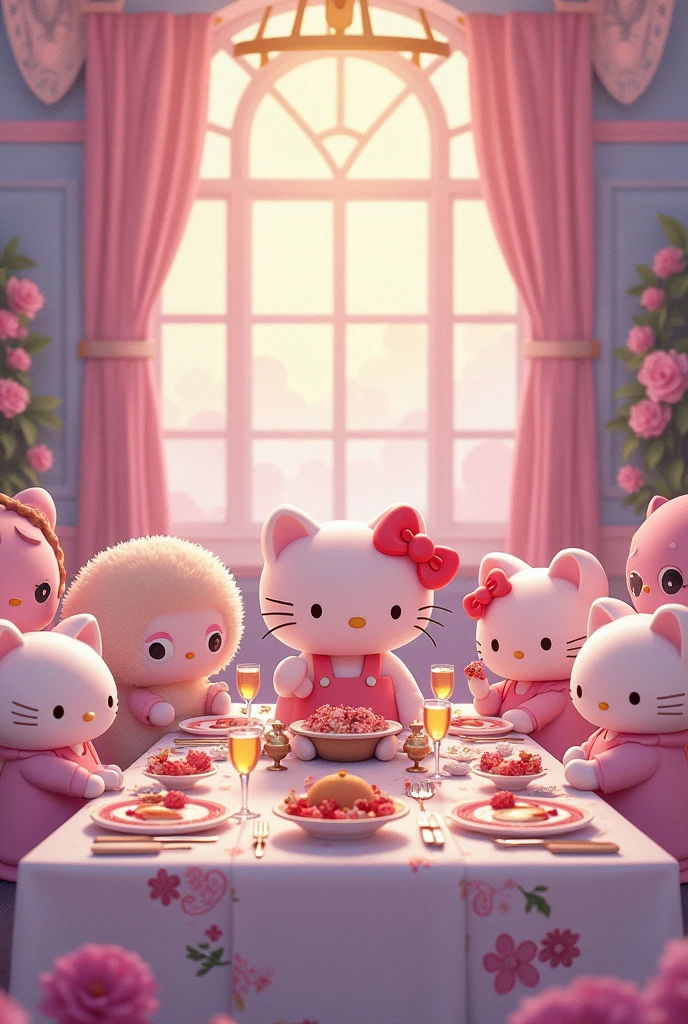 Generate an image of the Last Supper,but instead of Jesus and his apostles, that Hello Kitty and her friends are here, It is essential that Pompompurin is. Let everything be beautiful and aesthetic,in pastel tones but with contrast,like dreamcore,but let it be the last supper