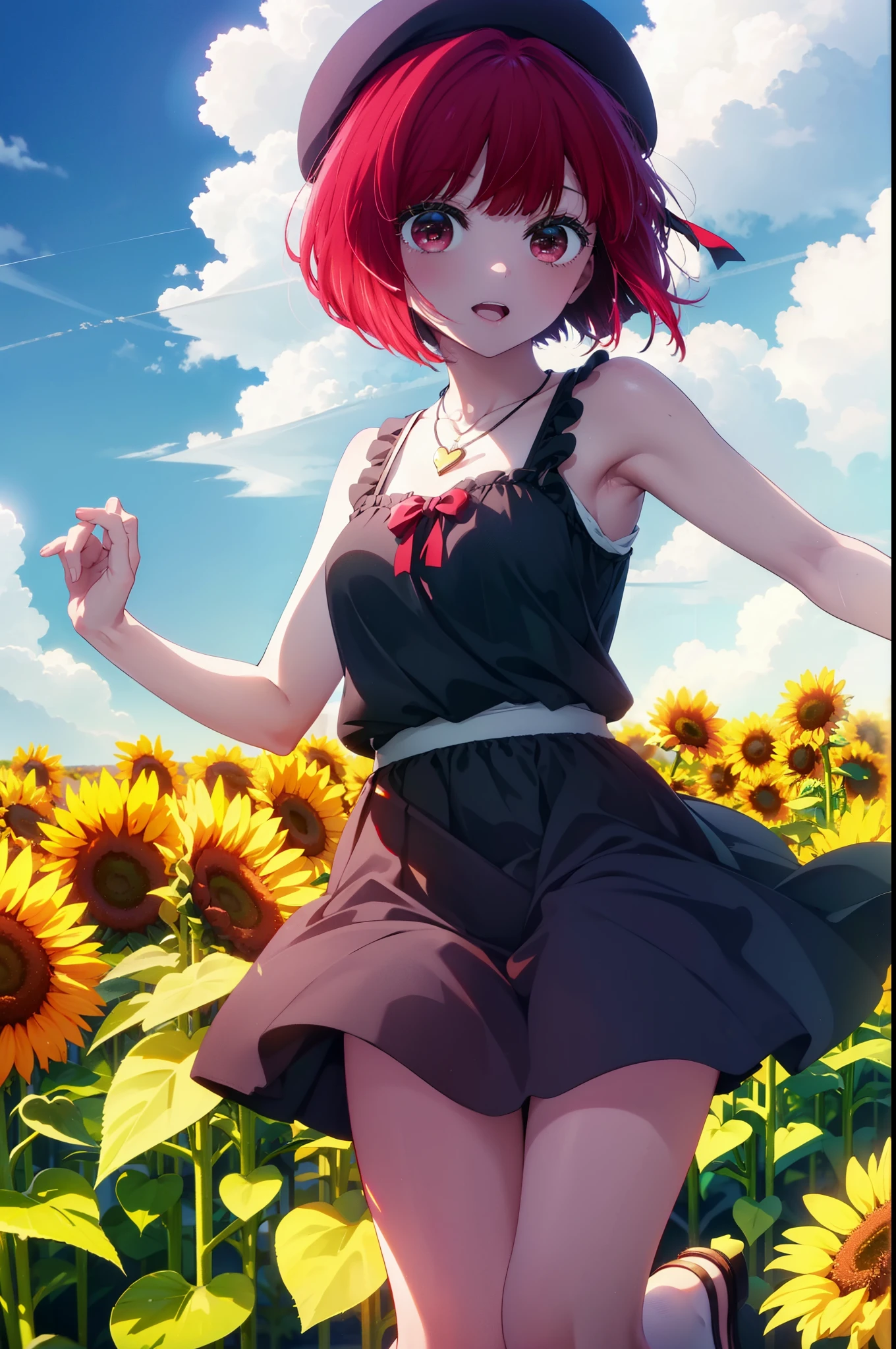 canary, Arima etc., short hair, bangs, (Red eyes:1.3), Redhead, Bobcut, smile,Open your mouth,Tank top,mini skirt,Cute heeled sandals,Heart Necklace,Are standing,Daytime,Clear skies,True Summer,Beret with ribbon,whole bodyがイラストに入るように,
break outdoors,Sunflower field,
break looking at viewer, whole body,
break (masterpiece:1.2), Highest quality, High resolution, unity 8k wallpaper, (figure:0.8), (Beautiful attention to detail:1.6), Highly detailed face, Perfect lighting, Highly detailed CG, (Perfect hands, Perfect Anatomy),