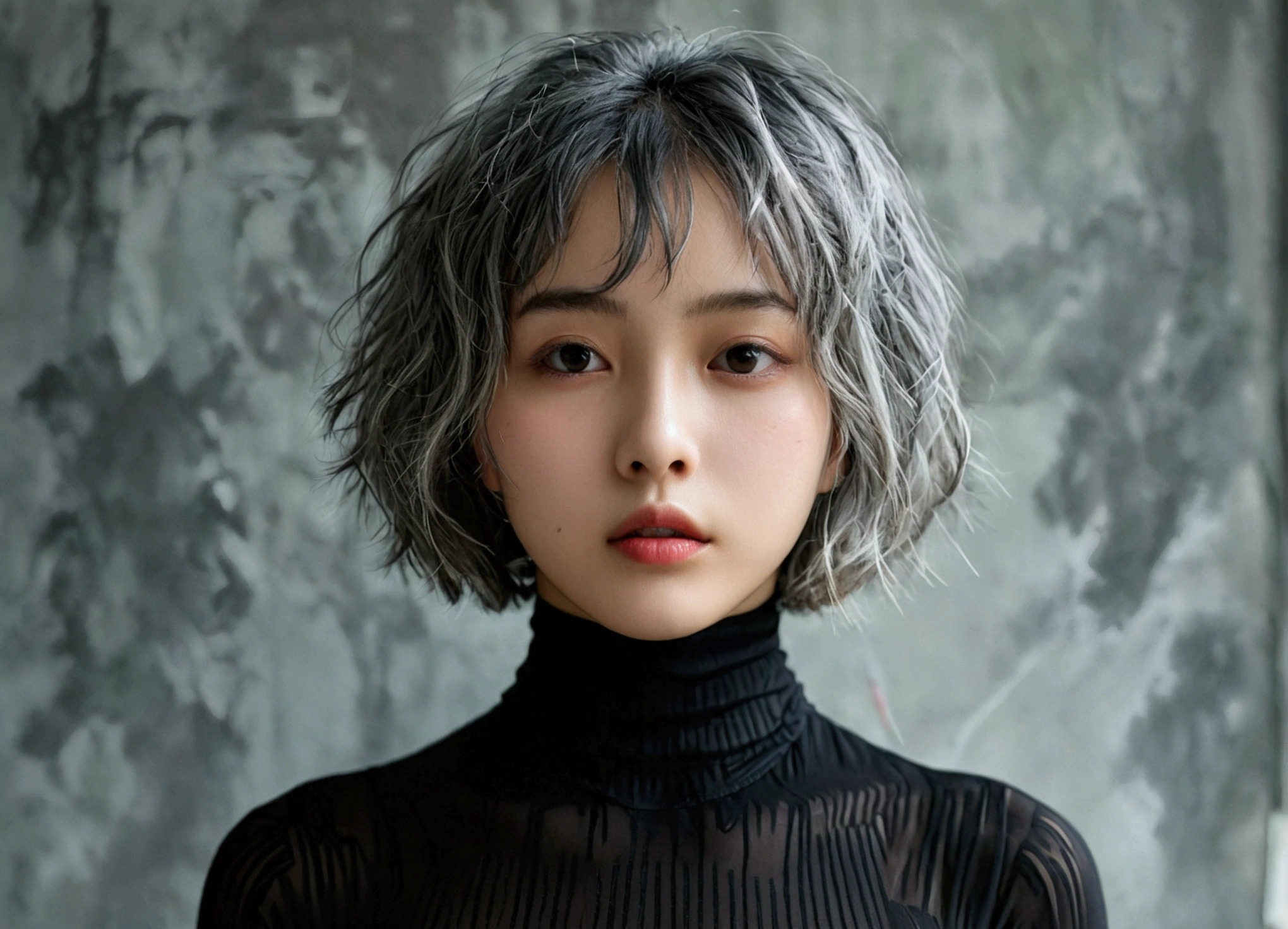 Wearing a black bodysuit、A girl with short, unkempt bob hair、Gray Hair、Put both palms forward。